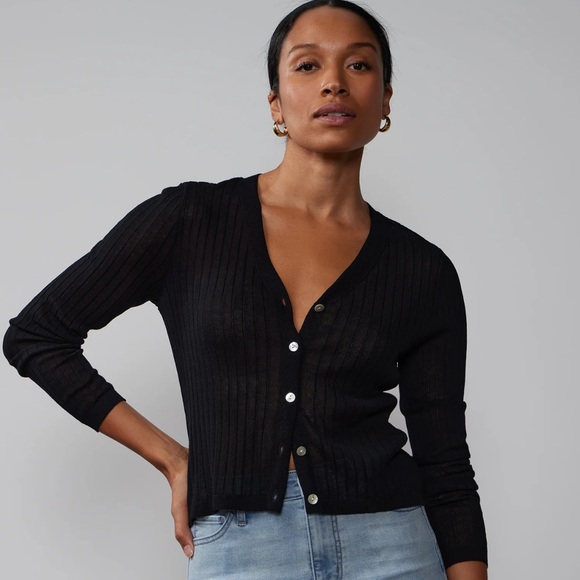 V-Neck Sheer Ribbed Cardigan - Picture 1 of 9